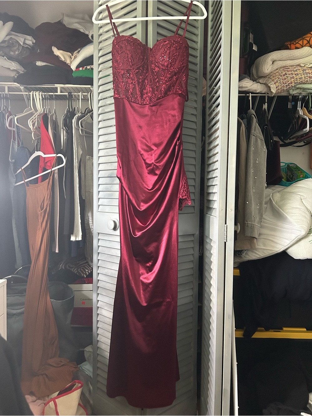 Windsor Burgundy Lace & Satin Spaghetti Strap Prom Dress (negotiable)